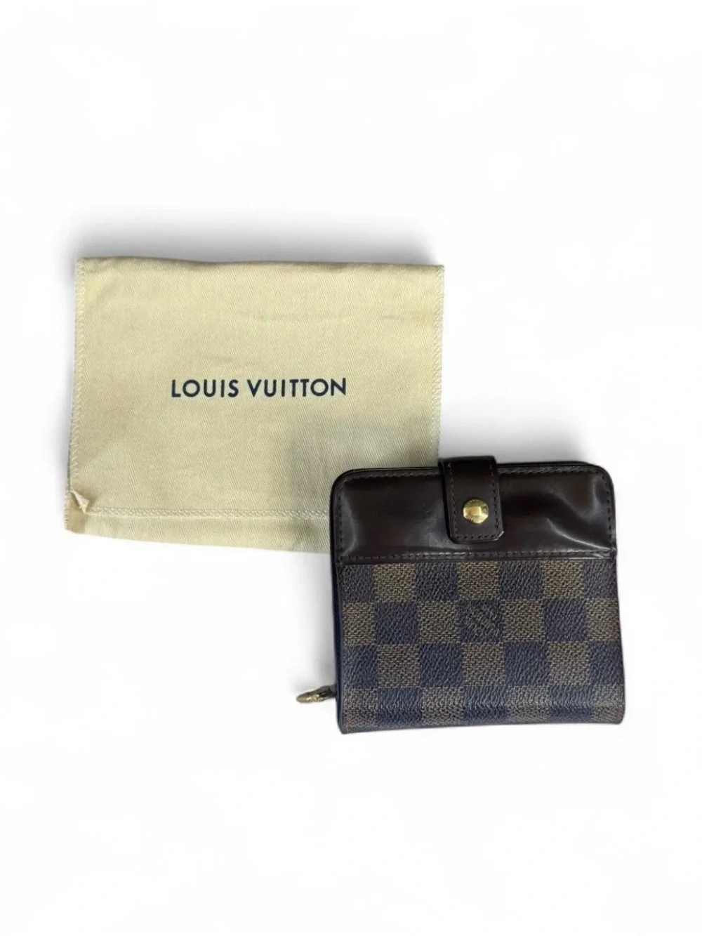 Louis Vuitton Damier Ebene Compact Wallet Brown Leather Snap Zipper Box Dust Bag
